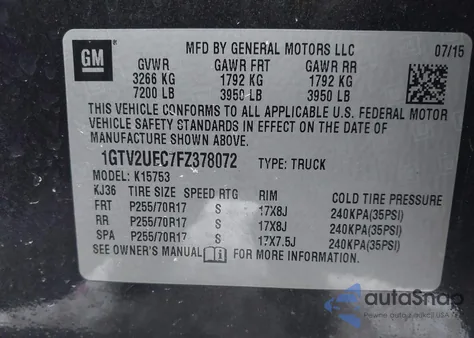 2015 GMC Sierra 1500 Sle z USA, uszkodzony, nr VIN 1GTV2UEC7FZ378072